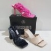 15 X MIXED MISSGUIDED WOMENS SHOES CONTAINING CROCHET TIE UP HEELED SANDAL IN HOT PINK, WF SQUARE TOE BLOCK HEEL MULE SANDAL IN SAND , BLOCK HEEL TIE UP HEELED SANDALS IN BLACK , WF BARELY THERE MID HEEL SANDALS IN WHITE ETC ALL IN SIZE 5 (NOTE - SOME HAV