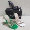 15 X MIXED MISSGUIDED WOMENS SHOES CONTAINING WF BARELY THERE SQUARE TOE HIGH HEELS IN WHITE , STRAPPY RING DETAIL HEELED SANDALS IN GREEN , POINTED TOE LACE BARELY THERE SATIN IN BLACK , CHUNKY CHOC GLADIATOR FLAT SHOE IN BLACK ETC ALL IN SIZE 5 (NOTE -