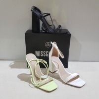15 X MIXED MISSGUIDED WOMENS SHOES CONTAINING HIGH HEEL BLOCK BARELY THERE SANDALS IN WHITE , ASSYM STRAPPY HEELED SANDAL IN LIME , BLOCK HEEL TIE UP SANDALS IN BLACK , SQUARE TOE STRAPPY TIE UP MID HEELS IN CHOCOLATE ETC ALL IN SIZE 5 (NOTE - SOME HAVE S