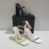 15 X MIXED MISSGUIDED WOMENS SHOES CONTAINING HIGH HEEL BLOCK BARELY THERE SANDALS IN WHITE , ASSYM STRAPPY HEELED SANDAL IN LIME , BLOCK HEEL TIE UP SANDALS IN BLACK , SQUARE TOE STRAPPY TIE UP MID HEELS IN CHOCOLATE ETC ALL IN SIZE 5 (NOTE - SOME HAVE S