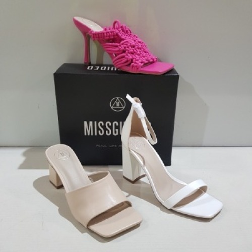 15 X MIXED MISSGUIDED WOMENS SHOES CONTAINING HIGH HEEL BLOCK BARELY THERE SANDALS IN WHITE , WF SQUARE TOE BLOCK HEEL MULE SANDALS IN SAND , ROCHET TIE UP HEELED SANDAL IN HOT PINK , SATIN BARELY THERE HIGH HEEL IN PINK ETC ALL IN SIZE 5 (NOTE - SOME HAV