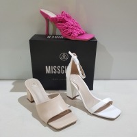 15 X MIXED MISSGUIDED WOMENS SHOES CONTAINING HIGH HEEL BLOCK BARELY THERE SANDALS IN WHITE , WF SQUARE TOE BLOCK HEEL MULE SANDALS IN SAND , ROCHET TIE UP HEELED SANDAL IN HOT PINK , SATIN BARELY THERE HIGH HEEL IN PINK ETC ALL IN SIZE 5 (NOTE - SOME HAV