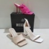 15 X MIXED MISSGUIDED WOMENS SHOES CONTAINING HIGH HEEL BLOCK BARELY THERE SANDALS IN WHITE , WF SQUARE TOE BLOCK HEEL MULE SANDALS IN SAND , ROCHET TIE UP HEELED SANDAL IN HOT PINK , SATIN BARELY THERE HIGH HEEL IN PINK ETC ALL IN SIZE 5 (NOTE - SOME HAV