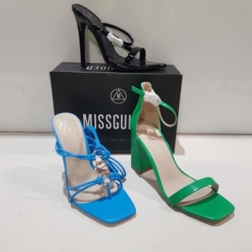 18 X MIXED MISSGUIDED WOMENS SHOES CONTAINING BLOCK HEEL TIE UP HEELED SANDALS IN BLACK , STRAPPY RING DETAIL HEELED SANDALS IN BLUE , POINTED TOE BARELY THERE PATENT IN BLACK , BARELY HIGH BLOCK HEEL IN GREEN ETC IN VARIOUS SIZES IE 3,4,5 AND 6 (NOTE - S