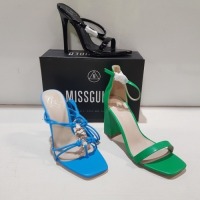 18 X MIXED MISSGUIDED WOMENS SHOES CONTAINING BLOCK HEEL TIE UP HEELED SANDALS IN BLACK , STRAPPY RING DETAIL HEELED SANDALS IN BLUE , POINTED TOE BARELY THERE PATENT IN BLACK , BARELY HIGH BLOCK HEEL IN GREEN ETC IN VARIOUS SIZES IE 3,4,5 AND 6 (NOTE - S