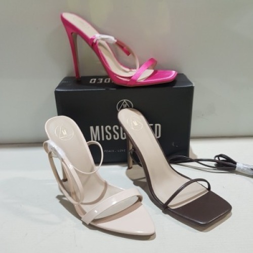 18 X MIXED MISSGUIDED WOMENS SHOES CONTAINING POINTED TOE PATENT BARELY THERE IN NUDE , SQUARE TOE HIGH HEEL TIE UP SANDALS IN CHOCOLATE , WF BARELY THERE SQUARE TOE HIGH HEELS IN WHITE , ASSYM STRAPPY HEELED SANDALS IN LIME IN VARIOUS SIZES IE 5,7 AND 8 