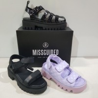 12 X MIXED MISSGUIDED WOMENS SANDALS CONTAINING QUILTED SANDAL IN LILAC , CHUNKY CROC FLAT SHOES IN BLACK , VELCRO STRAP SANDAL IN BLACK IN MIXED SIZES IE 3,4 AND 5 (NOTE - SOME HAVE SECURITY TAGS)