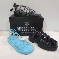 12 X MIXED MISSGUIDED WOMENS SHOES CONTAINING CHUNKY FLATFORM GLADIATOR SANDAL IN BLUE/BLACK , QUILTED SANDAL IN GREEN IN MIXED SIZES IE 5,7 AND 8 (NOTE - SOME HAVE SECURITY TAGS)