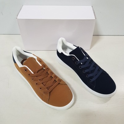 24 X BRAND NEW TRAINERS IN MIXED COLOURS 12 X NAVY IN SIZE UK 7.5 AND 12 X CAMEL IN SIZE 7 IN TWO BOXES