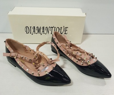 24 X BRAND NEW DIAMANTIQUE LADIES SHOES IN BLACK/PINK IN MIXED SIZES 6 IN SIZE 41 , 12 IN SIZE 38 6 IN SIZE 35 IN ONE BOX