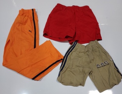 20 X MIXED KIDS CLOTHING LOT CONTAINING RUSSELL ATHLETIC SHORTS IN NAVY BLUE SIZE LARGE, NIKE SHORTS IN ORANGE IN SIZE MEDIUM, PUMA TRACKSUIT BOTTOMS IN ORANGE IN SIZE SMALL, NIKE SWIM SHORTS IN RED IN SIZE EXTRA LARGE