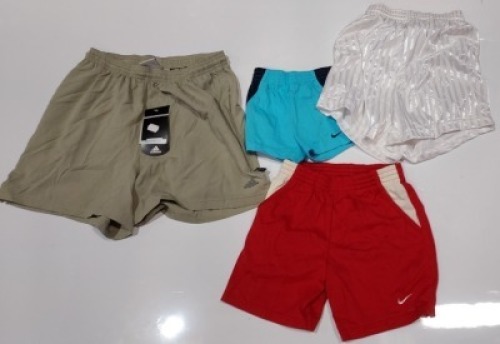 20 X BRAND NEW MIXED KIDS SHORTS LOT CONTAINING NIKE SHORTS IN RED IN SIZE LARGE , ADIDAS SHORTS IN LIGHT GREY IN SIZE M , NIKE SHORTS IN BLUE / NAVY IN SIZE 24 / 26 , EN-S SPORTS SHORTS IN WHITE IN SIZE 30/32 IN ONE TRAY (TRAY NOT INCLUDED)