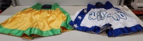 15 X BRAND NEW FORCE MUAY THAI TRAINING SHORTS IN VARIOUS COLOURS BLUE/WHITE, YELLOW/ GREEN, RED AND BLACK, IN SIZES M, XL AND XXL IN 1 TRAY (TRAY NOT INCLUDED)
