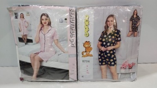 100 X BRAND NEW BEAUTIFUL GIRL PYJAMAS IN TWO COLOUR IE , FLORAL DESIGN WHITE/PINK AND BLUE/ WHITE IN MIXED SIZES M , L , XL , XXL IN ONE LARGE BOX