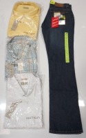 20 X MIXED CLOTHING LOT CONTAINING PIERRE CARD SHIRT IN WHITE/BLUE IN SIZE 21 , VILA CLOTHES JEANS IN WHITE IN SIZE 29 , DKNY JEANS IN DENIM BLUE IN SIZE 26/32 , HATICO SPORTS SHIRT IN YELLOW IN SIZE 5 XL V, CARPENTER JEANS INBLUE IN SIZE 12 ETC IN ONE TR