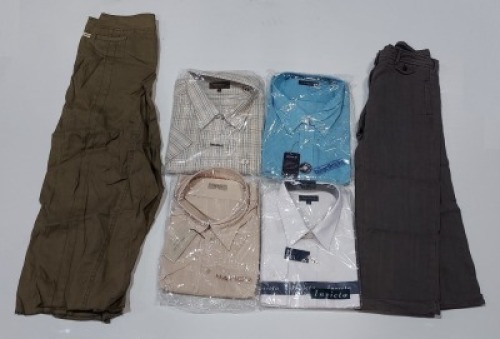 20 X MIXED CLOTHING LOT CONTAINING DUCK AND COVER DENIM SHOETS IN BLUE IN SIZE LARGE , FCUK JEANS IN DARK GREY IN SIZE 10 , HATICO SPORTS SHIRT IN BEIGE IN SIZE 5 XL , INVITICA SHIRT IN WHITE IN SIZE 18 , VILVA COLLECTION SHIRT IN WHITE IN SIZE 29/32 ETC 