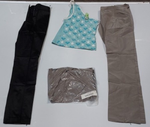 20 X MIXED CLOTHING LOT CONTAINING FRENCH CONNECTION PANTS IN BLACK IN SIZE 12 , QUICK SILVER TOP IN LIGHT BLUE/WHITE IN SIZE 14 , DKNY TOP IN BLACK IN SIZE XS , WALE BACKLESS DRESS IN DARK GREEN IN SIZE 14 ETC IN ONE TRAY (PLEASE NOTE - THIS IS DATED ST