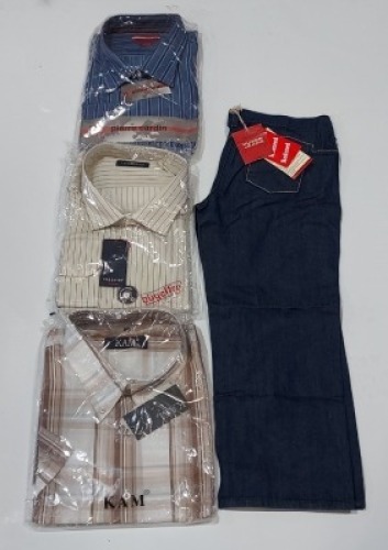 20 X MIX CLOTHING LOT CONTAINING PIERRE CARDIN SHIRT IN BLUE IN SIZE 3XL , KAM SHIRT IN BROWN IN SIZE 4XL , GUESS JEANS IN BLUE IN SIZE 27 , DUCK AND COVER PANTS IN PINK IN SIZE 40 , ETC IN ONE TRAY (PLEASE NOTE - THIS IS DATED STOCK AND TRAYS NOT INCLUDE