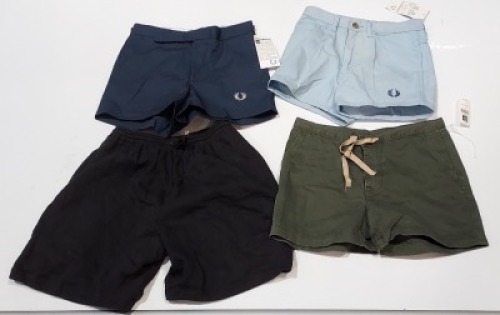 20 X MIXED CLOTHING LOT CONTAINING CATANA WINTER COAT IN GREEN IN SIZE XXXL , FRED PERRY SHORTS IN BABY BLUE IN SIZE SMALL , MOSCHINO SHORTS IN PINK/BROWN IN SIZE 40 , QUICKSILVER SHORTS IN FLORAL/MULTICOLOUR IN SIZE 40 ETC IN ONE TRAY (PLEASE NOTE - THIS