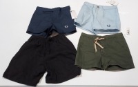 20 X MIXED CLOTHING LOT CONTAINING CATANA WINTER COAT IN GREEN IN SIZE XXXL , FRED PERRY SHORTS IN BABY BLUE IN SIZE SMALL , MOSCHINO SHORTS IN PINK/BROWN IN SIZE 40 , QUICKSILVER SHORTS IN FLORAL/MULTICOLOUR IN SIZE 40 ETC IN ONE TRAY (PLEASE NOTE - THIS