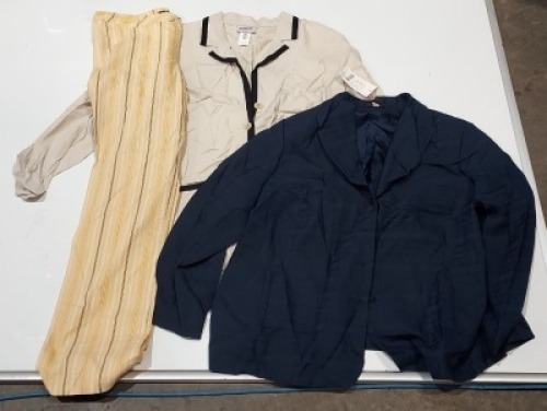 18 X MIXED CLOTHING LOT CONTAINING ICHI SHIRT IN BLACK/WHITE IN SIZE SMALL , ESPERANZA MARCOS TOP IN FLORAL IN SIZE 24 , CHALOU JACKET IN BLACK IN SIZE 34 , OTTO KERN TROUSERS IN YELLOW/BROWN IN SIZE 44 ETC IN ONE TRAY (PLEASE NOTE - THIS IS DATED STOCK A