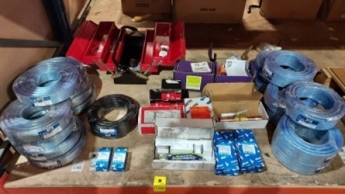 32 X BRAND NEW MIXED LOT CONTAINING 17 X DIVERSTITCH RVT-1/4 REINFORCED VINYL TUBE - 30M LENGTH - CLEAR ( 1 X IN BLACK ) 1 X METAL CANTILEVER TOOL BOX 43CM / 3 X CENRER 15 MM ANGLED TRV VALVE PACKS / 2 X CASTEL VALVE SOLENOID BODY(C5080033) 2 X CASTEL CO