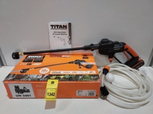 2 X WORX HYDRO SHOT BATTERY POWERED PRESSURE WASHERS - INCLUDES 2 X 20 V 2.0 AH BATTERYS / 1 X CHARGER / HOSE ATTACHMENTS ( PLEASE NOTE 1 IS BRAND NEW COMPLETE SET / 1 IS INCOMPLETE AND NOT BRAND NEW )