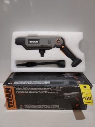 1 X BRAND NEW TITAN HAND HELD PRESSURE WASHER - INCLUDES 1 X 18 V 5.0 AHBATYTERY / 1 X CHARGER / HOSE / AND ATTACHMENTS