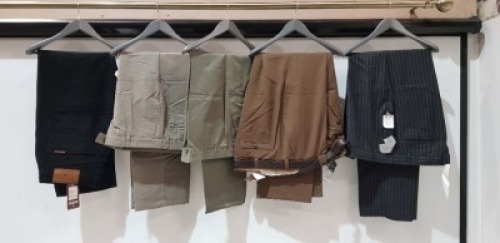 30 X BRAND NEW MIXED MENS TROUSERS CONTAINING BERNHARDT IN BROWN IN SIZE 44 , SAINT HILAIRE IN BLUE IN SIZE UK 46R , STATZ PREMIER TROUSERS IN RED IN SIZE 34 , JAEGER TROUSERS IN BLACK IN SIZE 42R , ETC ON A FULL RACK