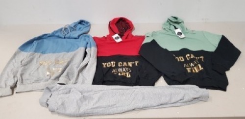 20 X MIXED KIDS CLOTHING CONTAINING SANAL TEKSTIL HOODIE IN RED AND BLACK IN SIZE XL , SANAL TESKSTIL PANTS IN BLACK IN SIZE SMALL , SANAL TEKSTIL HOODIE IN GREEN AND BLACK IN SIZE XL , SANAL TEKSTIL HOODIE IN BLUE/GREY IN SIZE LARGE ETC IN ONE TRAY (NOTE