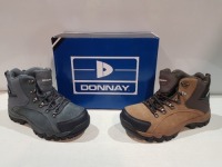 25 X DONNAY SUEDE HI SN99 IN MIXED COLOURS/SIZES IE 3 IN SIZE 6.5 , 4 IN SIZE 8 IN GREY/BLACK , 4 IN SIZE 8 , 4 IN SIZE 9 IN BLACK , 5 IN SIZE 8 , 2 IN SIZE 9 AND 3 IN SIZE 10 IN BROWN/BLACK ( PLEASE NOTE - WE HAVE SOME MINOR MANUFACTURING IMPERFECTIONS 