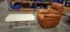 2 X PIECE MXED LOT TO INCLUDE - 1 X BRAND NEW NERANO 1 SEATER ELECTRIC RECLINER IN TAN IN GENUINE LEATHER WITH USB AND USB-C CHARGING POINTS - PRODUCT CODE NER-351-TN (NOTE TESTED FULLY WORKING) WITH BRAND NEW LAZZARO COFFEE TABLE