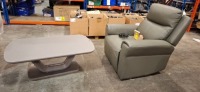 1 X BRAND NEW RUSSO 1 SEATER ELECTRIC RECLINER IN GREY IN GENUINE LEATHER WITH USB AND USB-C CHARGING POINTS - (NOTE TESTED FULLY WORKING) WITH BRAND NEW LAZZARO COFFEE TABLE IN GRAPHITE GREY