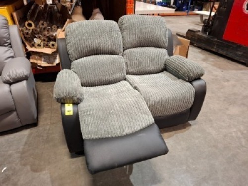 1 X HOMELIFE BANBURY FAUX LEATHER/CORD 2 SEATER RECLINER SOFA IN GREY AND BLACK - PLEASE NOTE SMALL HOLE ON RIGHT SIDE