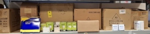 200+ BRAND NEW MIXED LIGHT LOT CONTAINING SYNERGY LIGHT SWITCHS , DEFINE FLAT PLATE PEARL NICK LIGHT INSERT TELEPHONE OUTLET , AURORA LED BULKHEAD 240V CAST ALUMINIUM IP54 FIXED OPEN BULKHEAD , LUNA 25 LUMENS PER WATT MR16 COMPACT FLUORESCENT LAMP ETC ON 