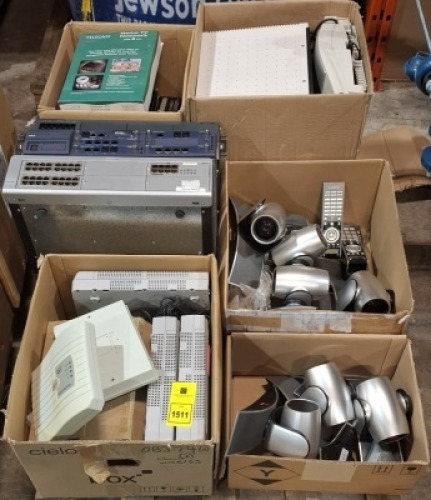 30+ MIXED ELECTRICAL LOT CONTAINING POLYCOM VIDEO CONFERENCING CAMERA , AVIVA CONTROL UNIT IPV500 VS , AASTRA ASCOTEL INTELLIGATE 150 , ETC IN 5 BOXES