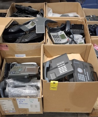 50+ MIXED OFFICE PHONE LOT CONTAINING SIEMENS OPENSTAGE 10 T PHONES , CISCO IP PHONES , POLYCOM SOUNDPOINT PHONES , CISCO IP CONFERENCE STATION ETC IN 6 BOXES