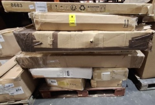 10 X PIECE MIXED FLAT PACK FURNITURE LOT TO INCLUDE METAL FRAME DOUBLE BED - LANCASTER 4 PIECE SET - BEDSIDE CABINETS - ETC (PLEASE NOTE CUSTOMER RETURNS SOME MAY ONLY BE PART BOXES)
