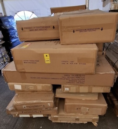10 X PIECE MIXED FLAT PACK FURNITURE LOT TO INCLUDE CARLETON OVERBED STORAGE IN WHITE - LANCASTER 4PC BEDROOM SET - CARLETON 3PC GLOSS SET - CARLETON 4PC BEDROOM SET IN WALNUT ETC (PLEASE NOTE CUSTOMER RETURNS SOME MAY ONLY BE PART BOXES)