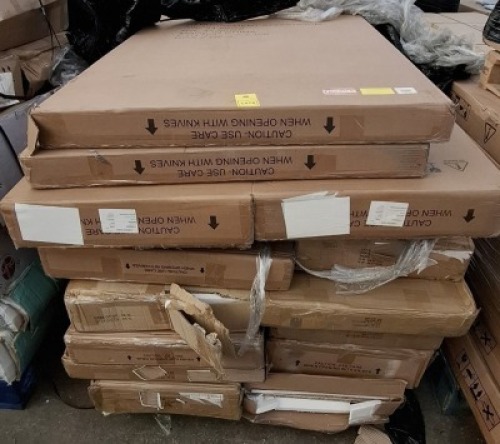 10 X PIECE MIXED FLAT PACK FURNITURE LOT TO INCLUDE CARLETON OVERBED STORAGE UNIT IN BLACK - CORNER WARDRROBE WITH MIRROR - LANCASTER OVERBED STORAGE UNIT ETC (PLEASE NOTE CUSTOMER RETURNS SOME MAY ONLY BE PART BOXES)