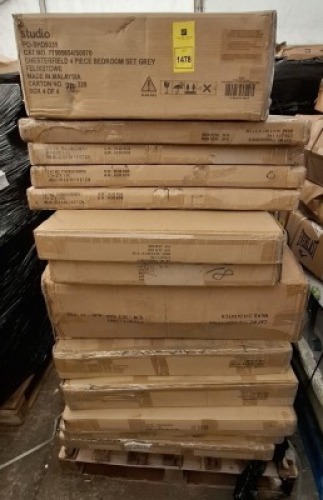 10 X PIECE MIXED FLAT PACK FURNITURE LOT TO INCLUDE CHESTERFIELD 4PC BEDROOM SET IN GREY - LANCASTER SLIDING WARDROBE IN BLUE - CORNER WARDROBE WITH MIRROR IN GREY ETC (PLEASE NOTE CUSTOMER RETURNS SOME MAY ONLY BE PART BOXES)