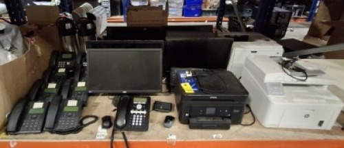 FULL BAY OF MIXED I.T OFFICE EQUIPMENT LOT CONTAINING HP LAZER PRINTER (CODE P3015) PRINTER , ESPON PRINTER SCANNER , ACER MONITOR , SAMSUNG MONITOR AOC MONITOR , AVAYA OFFICE PHONE , MITEL OFFICE PHONE ETC ON A FULL BAY