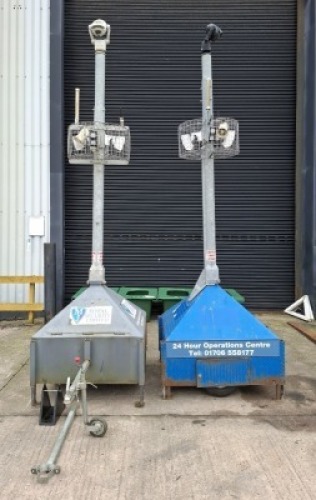 2 X V-CEPTOR MOBILE CCTV TOWERS. EACH WITH FOUR REDWALL MOTION DETECTORS - 60M RANGE, 360 DEGREE ROTATING PTZ FULL ZOOM CAMARAS WITH RAIN WIPER AND INFRA RED LIGHTING, MAGNA SPEAKER, EACH UNIT IS SUPPLIED WITH FOUR 12V 18HR BATTERIES, CRISTEC AUTOMATIC BA