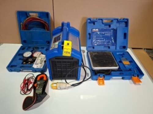 4 PIECE MIXED TOOL LOT CONTAINING 1 X VALUE ( VRR24M-B ) REFRIGERANT RECOVERY UNIT 1 X VALUE REFRIGERANT SCALE ( VES-100A ) 1 X VALUE CPS MANIFOLD GAUGES WITH HOSES (15003SS) 1 X KLEIN TOOLS 400A AC AUTO - RANGING DIGITAL CLAMP METER