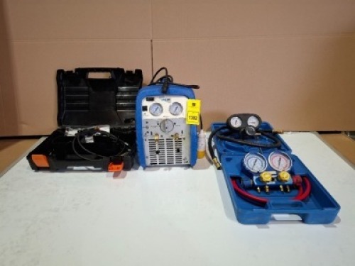 4 PIECE MIXED TOOL LOT CONTAINING 1 X VALUE REFRIGERNT RECPVERY UNIT ( VRR12L) 2 X VALUE DUAL VALVUE REFRIGERANT GAUGES ( EDGE ) 1 X TESTO GAS LEAK DETECTOR