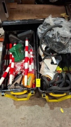 2 X 160 LITRE WHEELED TRAYS WITH PULLING HANDLES WITH LIDS - TO INCLUDE PLASTIC CHAIN STAND 8 UP RIGHTS AND 2 CHAINS / VAN AND TRUCK FIRST AID KIT / 2KG ABC POWDER FIRE EXTINGUISHER / 15 METER PIPE INSULATION COILS / EYE WASH KIT ETC