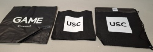 500+ BRAND NEW MIXED TOTE BAGS LOT CONTAINING USC BAGS IN SIZE SMALL AND MEDIUM , GAME BAGS IN SIZE LARGE IN 6 BOXES