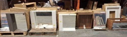 40 X BRAND NEW MIXED BATHROOM LOT CONTAINING ASSEMBLED MIRROR UNIT IN WHITE 1050 CODE ( 29445/000) , ASSEMBLED MIRROR UNIT 650 IN AVOLA IN GREY , ELATION DOUBLE WALL UNIT IN DARK WALNUT CODE (290A-11/279 , SENDAI FRAMED MIRROR SIZE 650 X 450 , AQUACHIC 