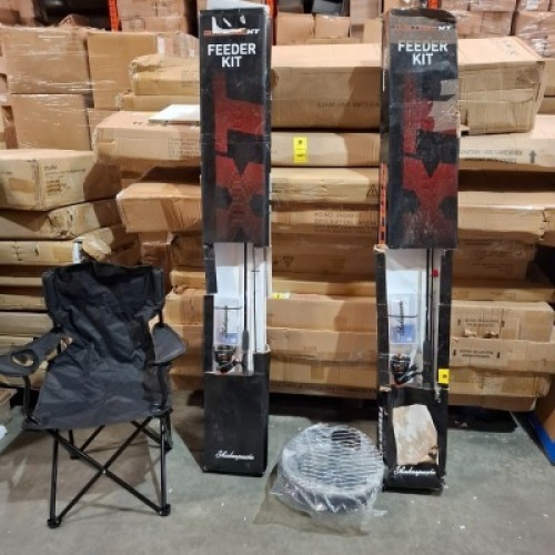 5 X MIXED FISHING LOT CONTAINING TWO FOLDABLE CHAIRS , TWO CHALLENGE XT FEEDER KITS AND ONE STUDIO PORTABLE CAMPING BBQ