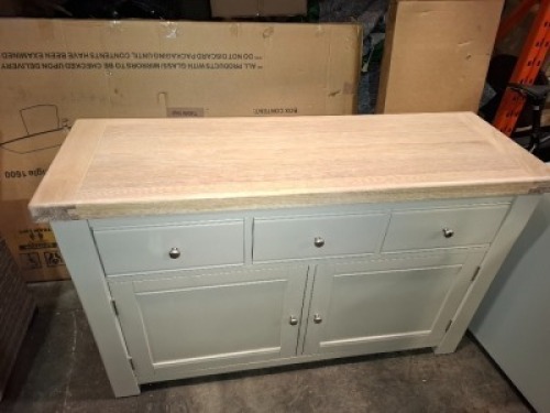 1 X DOUNE WOODEN TOP 2 DOOR 3 DRAWER SIDEBOARD IN TAUPE - WITH BOX - CRACK ON SIDE PANEL SEE PICTURES - CUSTOMER RETURNS